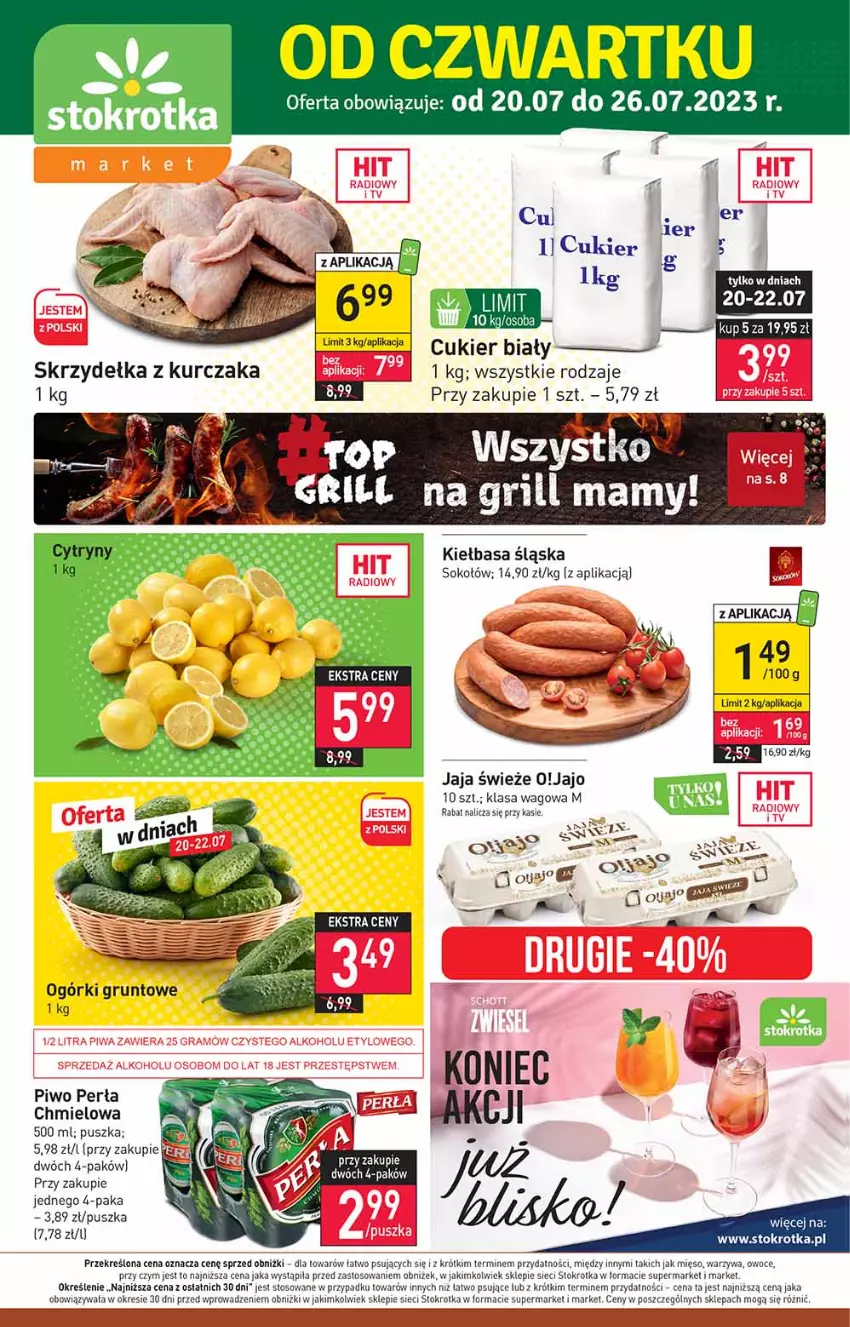 Gazetka promocyjna Stokrotka - Market - ważna 20.07 do 26.07.2023 - strona 1 - produkty: Cukier, Dada, Jaja, Kiełbasa, Kiełbasa śląska, Kurczak, Mięso, Owoce, Perła, Piwo, Skrzydełka z kurczaka, Sok, Sokołów, Warzywa