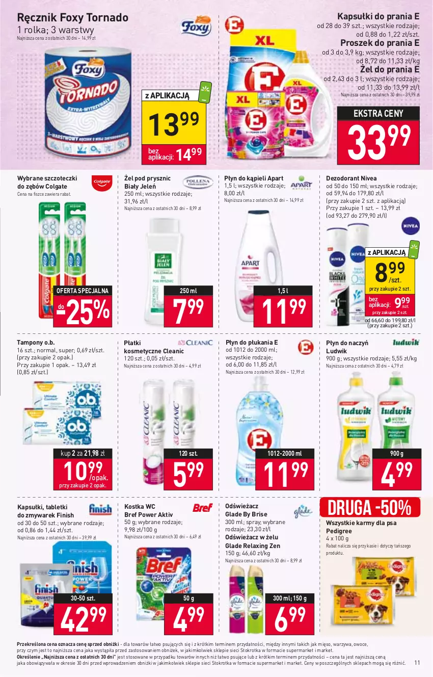 Gazetka promocyjna Stokrotka - Market - ważna 13.07 do 19.07.2023 - strona 12 - produkty: Biały Jeleń, Bref, Cleanic, Colgate, Dezodorant, Finish, Foxy, Kapsułki do prania, LG, Ludwik, Mięso, Nivea, O.B., Owoce, Pedigree, Płatki kosmetyczne, Płyn do kąpieli, Płyn do płukania, Proszek do prania, Ręcznik, Tablet, Tampony, Warzywa