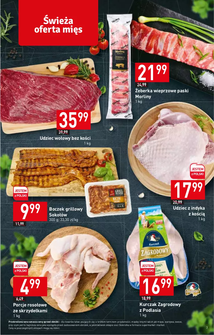 Gazetka promocyjna Stokrotka - Market - ważna 13.07 do 19.07.2023 - strona 3 - produkty: Boczek, Grill, Kurczak, Mięso, Morliny, Owoce, Por, Sok, Sokołów, Udziec wołowy, Udziec z indyka, Warzywa