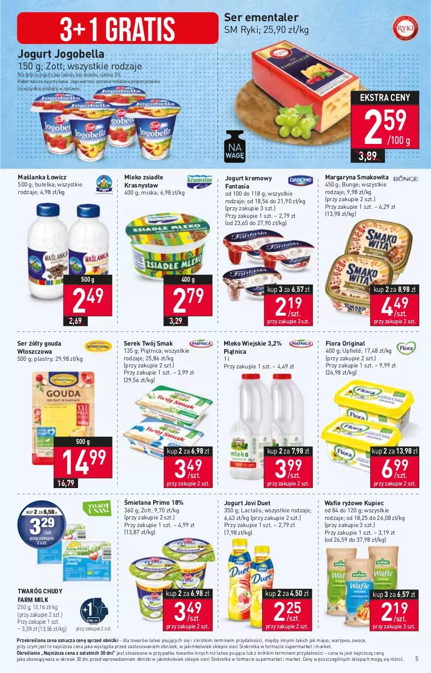 Gazetka promocyjna Stokrotka - Market - ważna 13.07 do 19.07.2023 - strona 6 - produkty: Bell, Bella, Ementaler, Fa, Fanta, Farm Milk, Flora, Gin, Gouda, Gra, Jogobella, Jogurt, Kupiec, Margaryna, Maślanka, Mięso, Miska, Mleko, Mleko zsiadłe, Owoce, Piątnica, Piec, Por, Ryż, Ser, Serek, Smakowita, Twaróg, Twaróg chudy, Twój Smak, Wafle, Warzywa, Zott