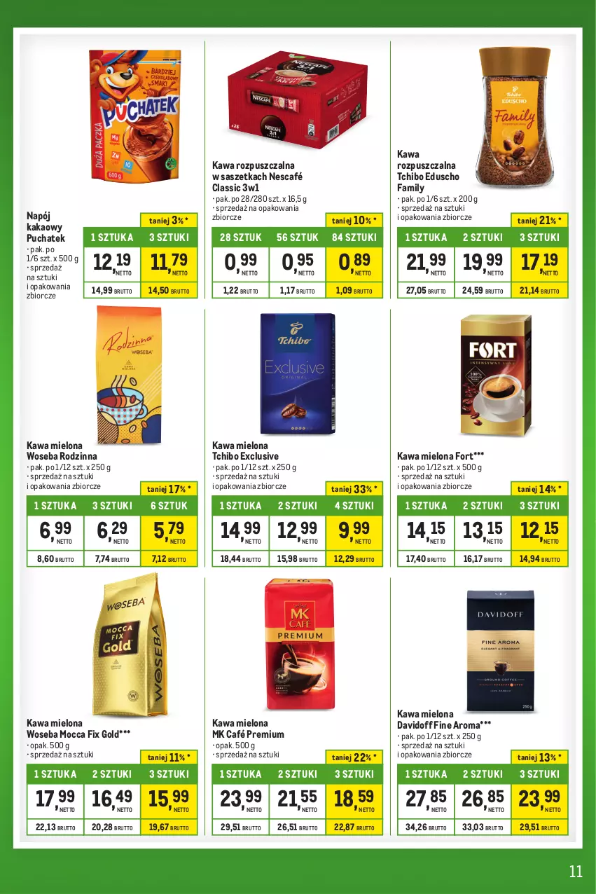 Gazetka promocyjna Makro - Kupujesz więcej płacisz mniej - oferta z alkoholem - ważna 20.02 do 18.03.2024 - strona 11 - produkty: Davidoff, Fa, Kakao, Kawa, Kawa mielona, Kawa rozpuszczalna, Mocca Fix Gold, Napój, Nescafé, Tchibo, Woseba