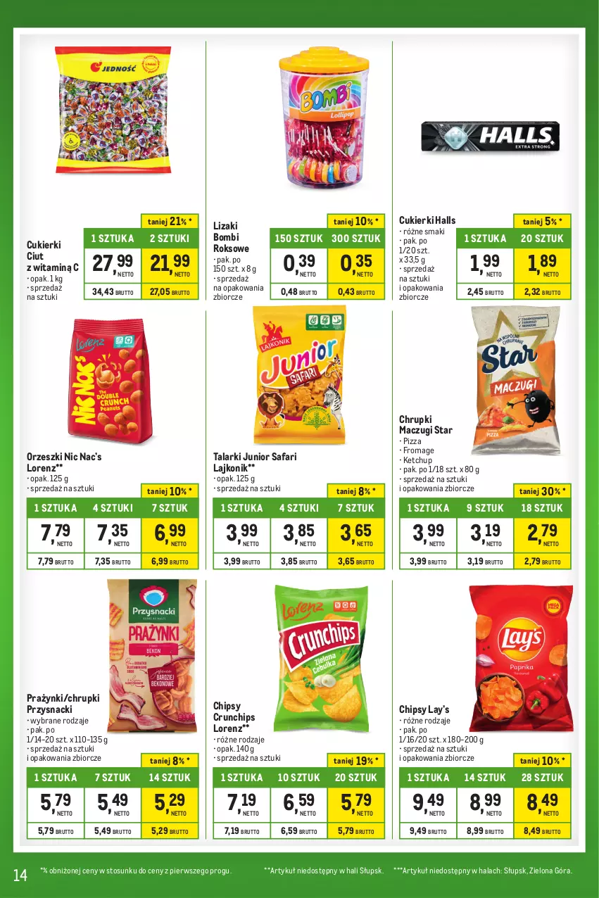 Gazetka promocyjna Makro - Kupujesz więcej płacisz mniej - oferta z alkoholem - ważna 20.02 do 18.03.2024 - strona 14 - produkty: Chipsy, Chrupki, Crunchips, Cukier, Cukierki, Fa, Halls, Ketchup, Lajkonik, Lay’s, Lizaki, Lorenz, Orzeszki, Pizza, Przysnacki