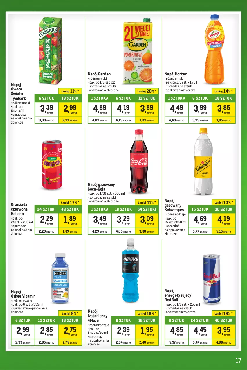 Gazetka promocyjna Makro - Kupujesz więcej płacisz mniej - oferta z alkoholem - ważna 20.02 do 18.03.2024 - strona 17 - produkty: Coca-Cola, Hellena, Hortex, Napój, Napój gazowany, Napój izotoniczny, Oranżada, Oshee, Owoce, Red Bull, Schweppes, Tymbark