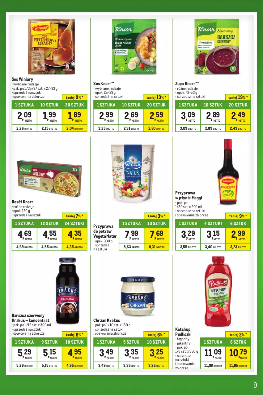 Gazetka promocyjna Makro - Kupujesz więcej płacisz mniej - oferta z alkoholem - ważna 20.02 do 18.03.2024 - strona 9 - produkty: Chrzan, Ketchup, Knorr, Krakus, Maggi, Przyprawa do potraw, Przyprawa w płynie, Pudliszki, Rosół, Sos, Vegeta, Vegeta Natur, Winiary, Zupa