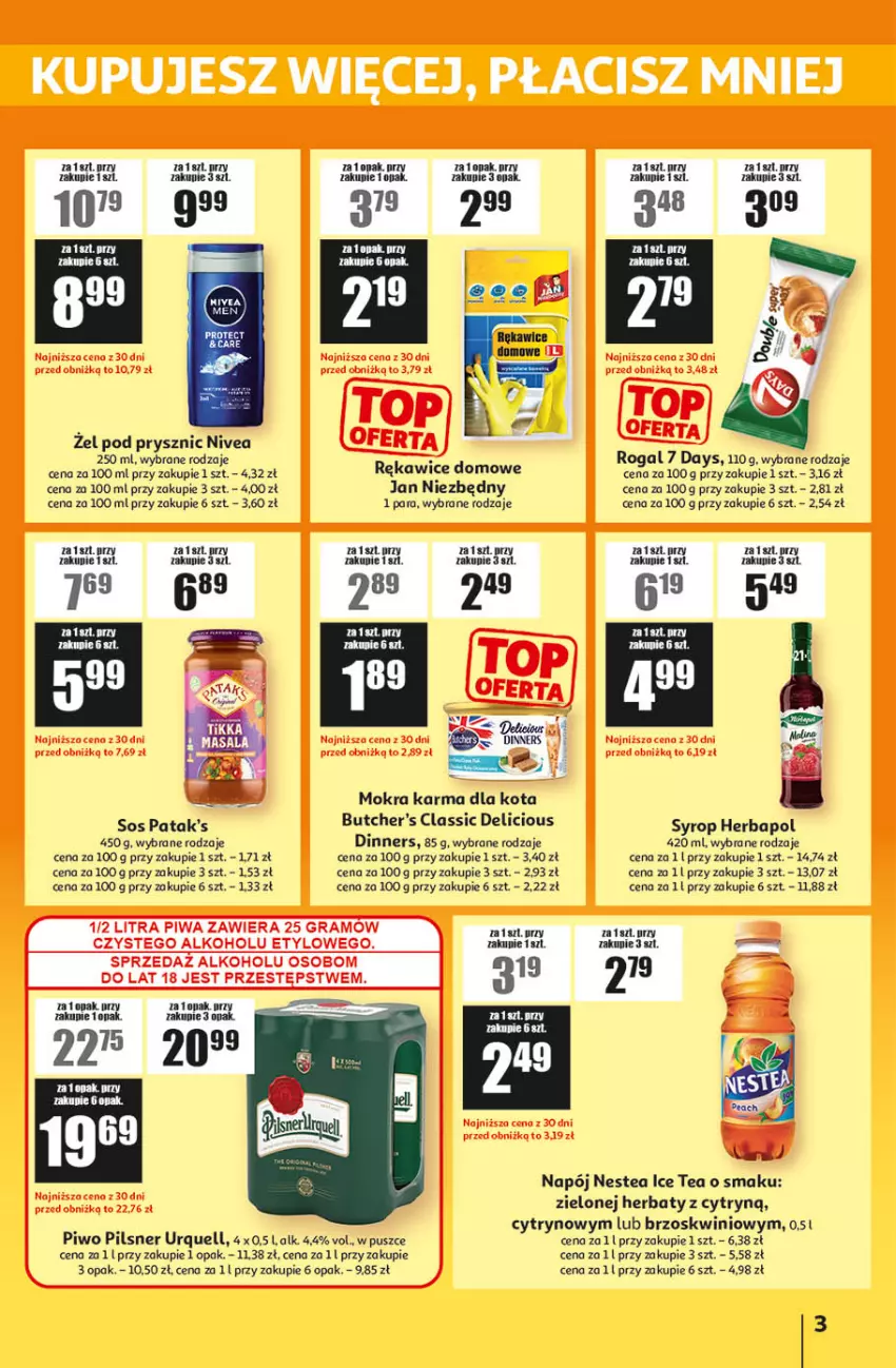 Gazetka promocyjna Auchan - Gazetka ATAC Hiper Discount - ważna 09.04 do 28.04.2026 - strona 3 - produkty: 7 Days, Butcher's, Herbapol, Ice tea, Jan Niezbędny, Mokra karma, Napój, Nestea, Nivea, Patak's, Pilsner Urquell, Piwo, Rękawice, Rogal, Ser, Sos, Syrop