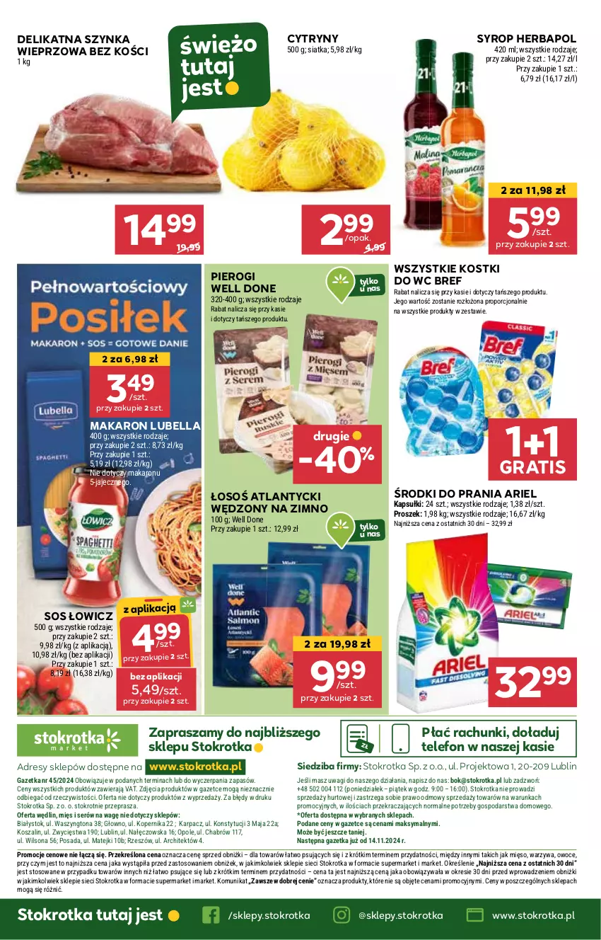 Gazetka promocyjna Stokrotka - Market Opole/Radom - ważna 07.11 do 13.11.2024 - strona 22 - produkty: Ariel, Bell, Bella, Bref, Cytryny, Dres, Gra, Herbapol, JBL, Lubella, Makaron, Mięso, O nas, Owoce, Pierogi, Por, Ser, Siatka, Sos, Syrop, Szal, Szynka, Szynka wieprzowa, Telefon, Wagi, Warzywa