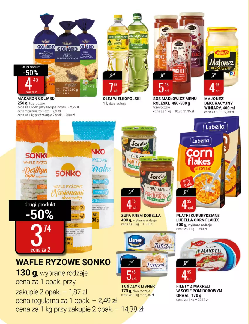 Gazetka promocyjna Bi1 - Dzień Kobiet - ważna 02.03 do 08.03.2022 - strona 12 - produkty: Bell, Bella, Corn flakes, Goliard, Gra, Graal, Lisner, Lubella, Majonez, Makaron, Olej, Ryż, Sonko, Sos, Tuńczyk, Wafle, Winiary, Zupa