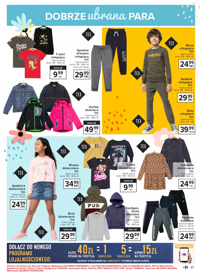 Gazetka promocyjna Carrefour - Gazetka Carrefour - ważna 01.03 do 13.03.2021 - strona 31 - produkty: Bluza, Buty, Dres, Dzieci, Fa, Kardigan, Kurtka, Kurtka dziecięca, Spódnica, Spodnie, Spodnie dresowe, Sukienka, T-shirt