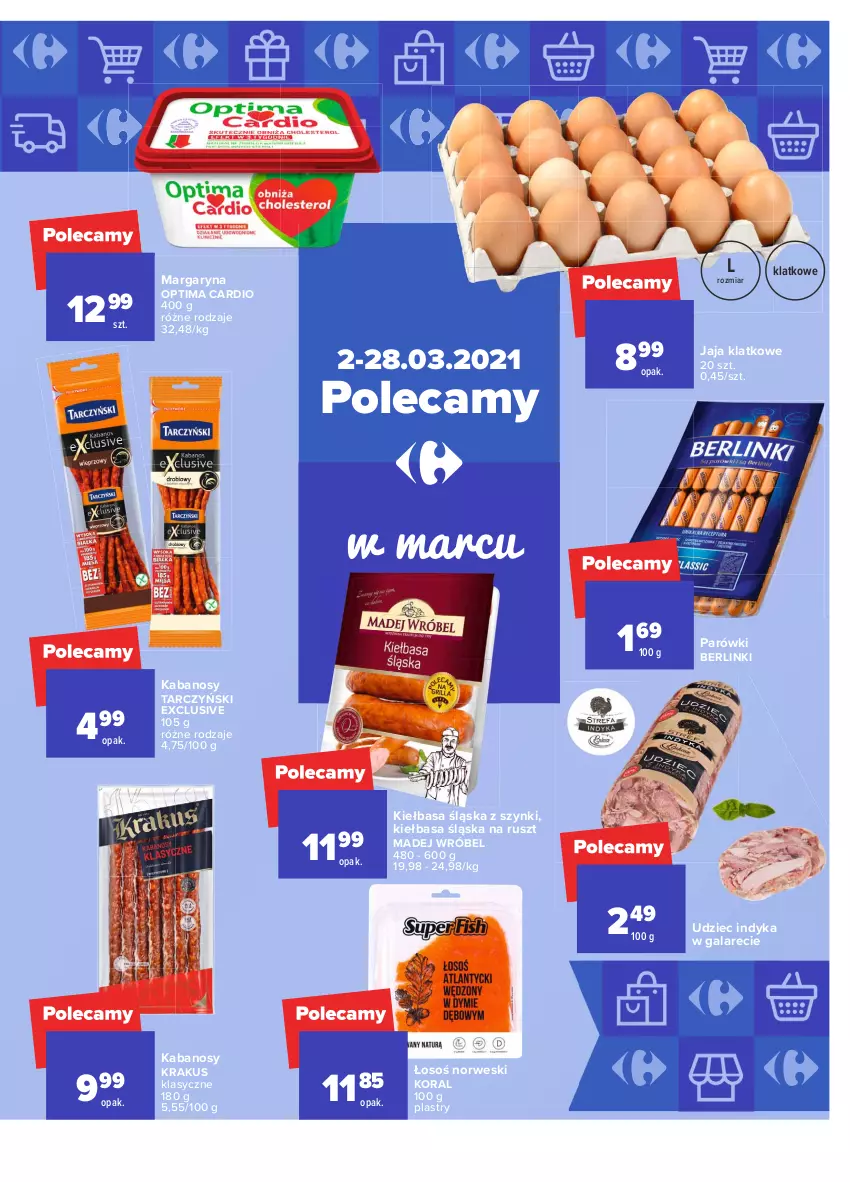 Gazetka promocyjna Carrefour - Gazetka Carrefour - ważna 01.03 do 13.03.2021 - strona 39 - produkty: Berlinki, Gala, Jaja, Kabanos, Kiełbasa, Kiełbasa śląska, Krakus, Madej Wróbel, Margaryna, Optima, Optima Cardio, Parówki, Tarczyński