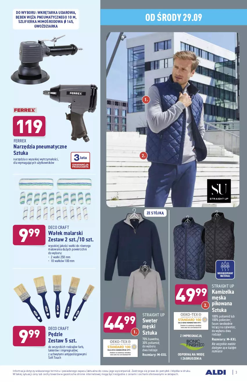 Gazetka promocyjna Aldi - ważna 29.09 do 02.10.2021 - strona 3 - produkty: Fa, Kamizelka, Lakier, Por, Sok, Sweter, Szlifierka, Tarka, Wałek, Wałek malarski, Wełna, Wkręt, Wkrętarka