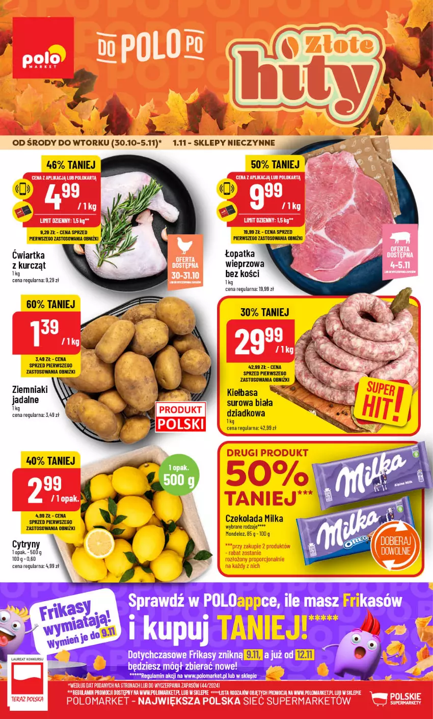 Gazetka promocyjna PoloMarket - Gazetka pomocyjna - ważna 30.10 do 05.11.2024 - strona 1 - produkty: Cytryny, Czekolada, Kiełbasa, Milka, Ziemniaki