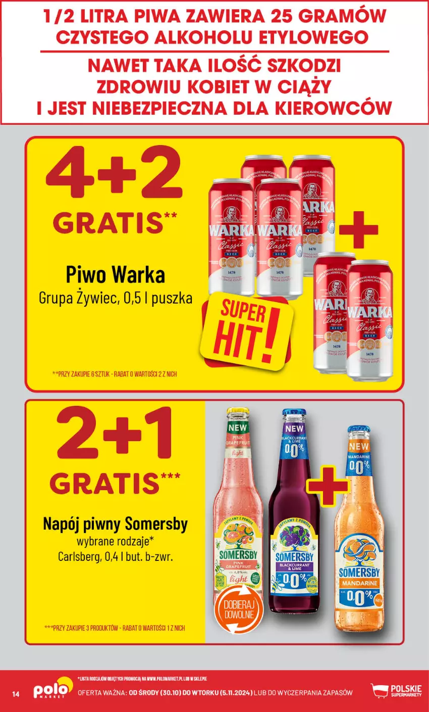 Gazetka promocyjna PoloMarket - Gazetka pomocyjna - ważna 30.10 do 05.11.2024 - strona 14 - produkty: Carlsberg, Napój, Piwo, Somersby, Warka