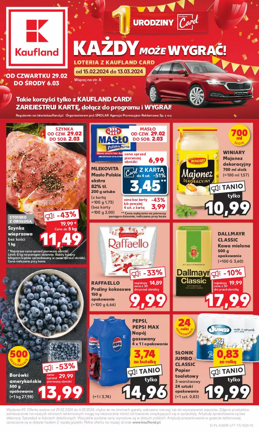 Gazetka promocyjna Kaufland - Gazetka tygodnia - ważna 29.02 do 06.03.2024 - strona 1 - produkty: Dallmayr, Fa, Gra, Kawa, Kawa mielona, Kokos, Majonez, Masło, Mleko, Mlekovita, Mola, Napój, Napój gazowany, Olej, Papier, Papier toaletowy, Pepsi, Pepsi max, Praliny, Raffaello, Rolki, Szynka, Szynka wieprzowa, Winiary