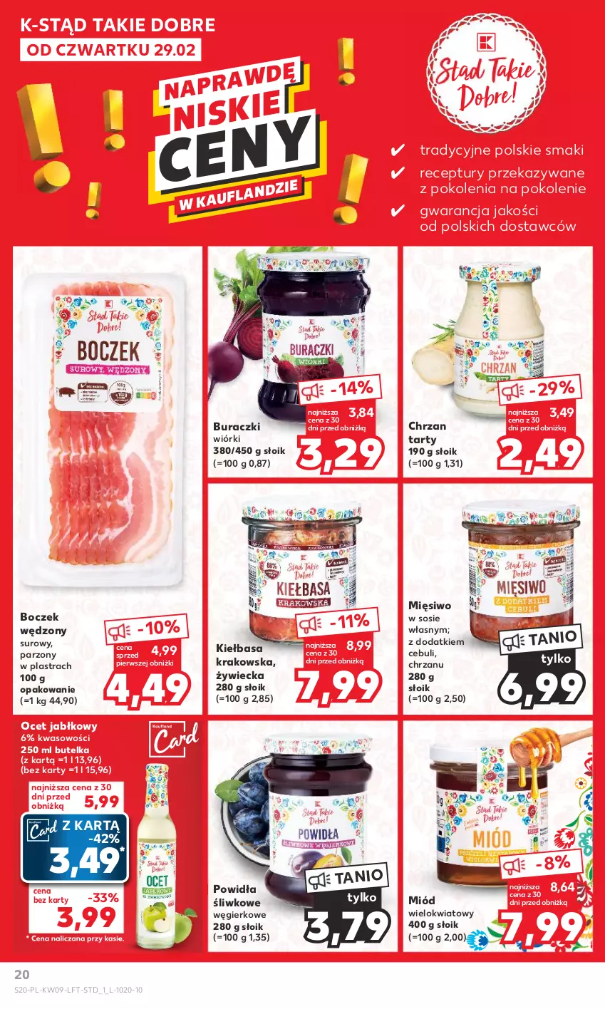 Gazetka promocyjna Kaufland - Gazetka tygodnia - ważna 29.02 do 06.03.2024 - strona 20 - produkty: Boczek, Buraczki, Chrzan, Kiełbasa, Kiełbasa krakowska, Miód, Ocet, Sos