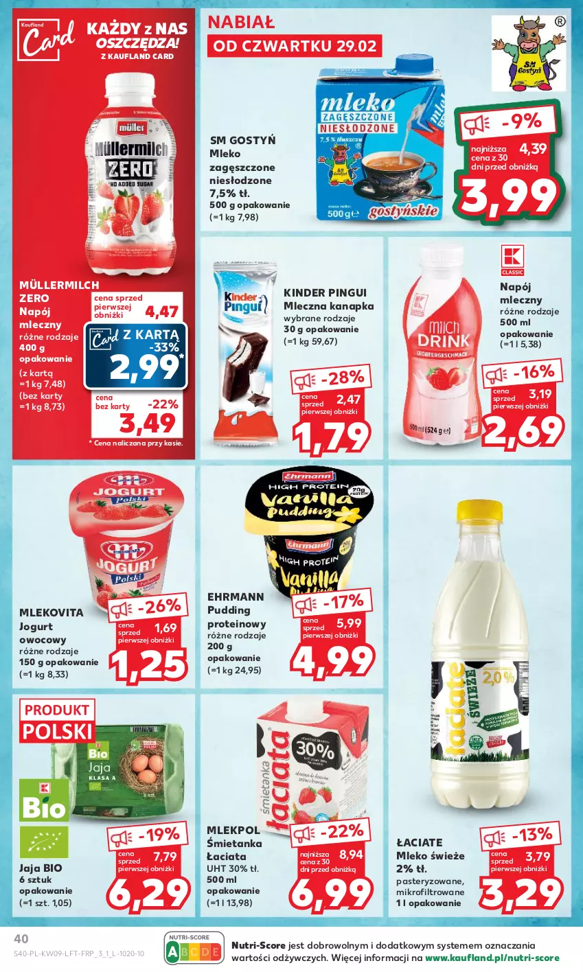 Gazetka promocyjna Kaufland - Gazetka tygodnia - ważna 29.02 do 06.03.2024 - strona 40 - produkty: Jaja, Jogurt, Jogurt owocowy, Kinder, Mleczna kanapka, Mleko, Mleko zagęszczone, Mlekovita, Müller, Müllermilch, Napój, Napój mleczny, Pudding