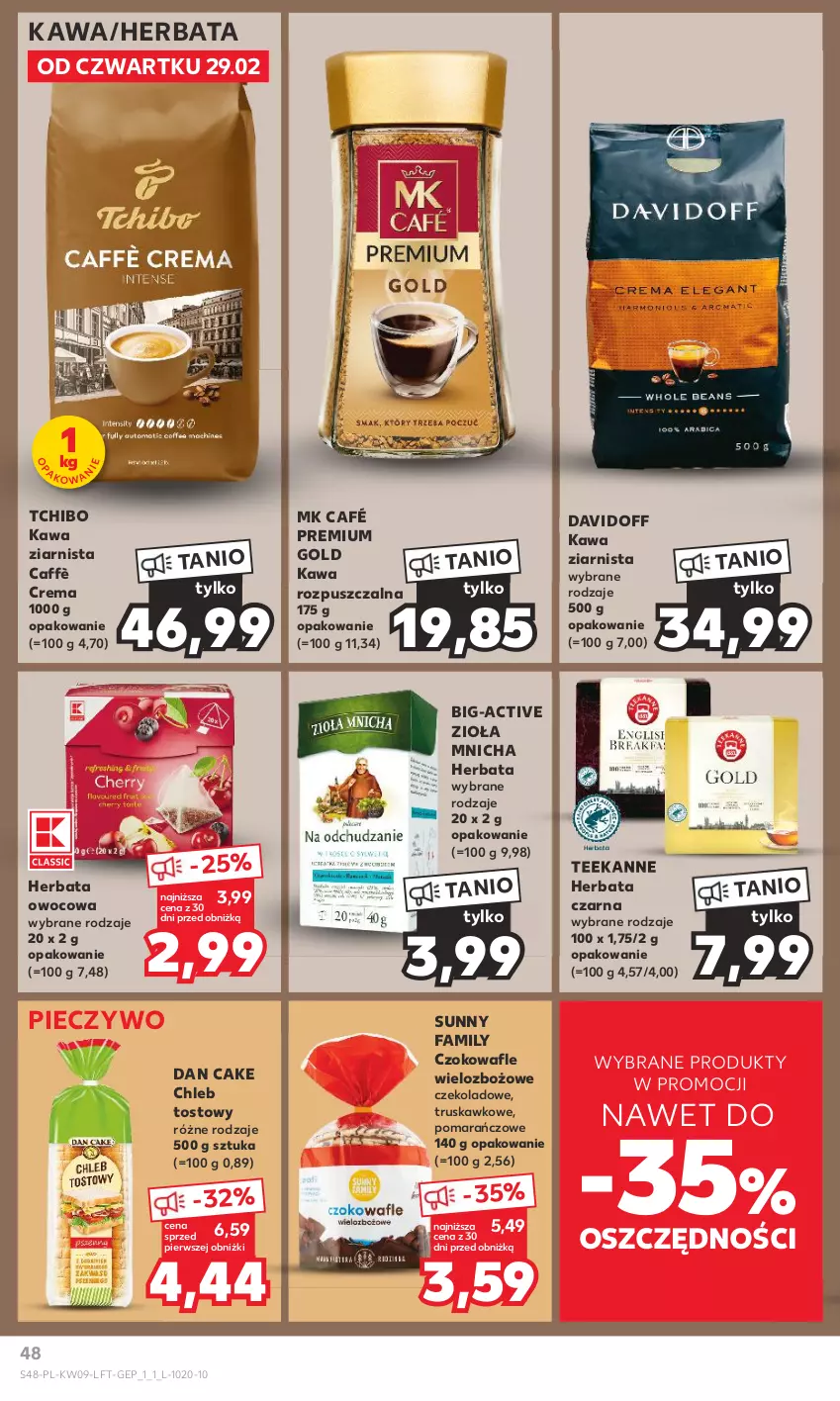 Gazetka promocyjna Kaufland - Gazetka tygodnia - ważna 29.02 do 06.03.2024 - strona 48 - produkty: Chleb, Chleb tostowy, Dan Cake, Davidoff, Fa, Herbata, Herbata czarna, Herbata owocowa, Kawa, Kawa rozpuszczalna, Kawa ziarnista, Piec, Pieczywo, Tchibo, Teekanne, Wafle