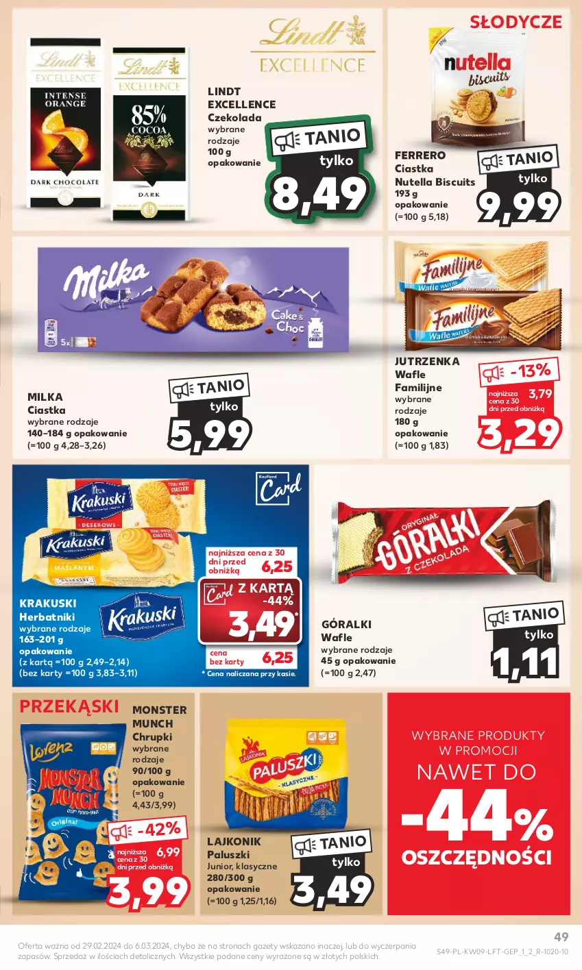 Gazetka promocyjna Kaufland - Gazetka tygodnia - ważna 29.02 do 06.03.2024 - strona 49 - produkty: Chrupki, Ciastka, Czekolada, Fa, Ferrero, Góralki, Herbatniki, Jutrzenka, Krakus, Krakuski, Lajkonik, Lindt, Milka, Monster Munch, Nutella, Wafle