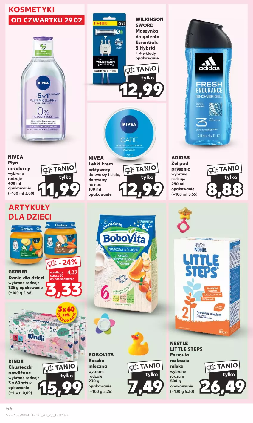 Gazetka promocyjna Kaufland - Gazetka tygodnia - ważna 29.02 do 06.03.2024 - strona 56 - produkty: Adidas, BoboVita, Chusteczki, Danie dla dzieci, Dzieci, Gerber, Kindii, Krem odżywczy, Maszynka, Maszynka do golenia, Nestlé, Nivea, Płyn micelarny, Szynka, Wilkinson Sword