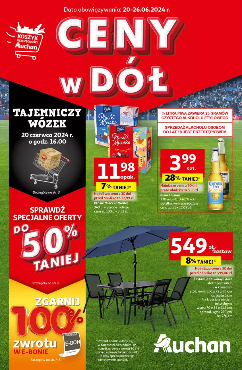 Gazetka promocyjna Auchan - Gazetka CENY W DÓŁ Hipermarket Auchan - ważna 20.06 do 26.06.2024 - strona 1 - produkty: BIC, Krzesło, Parasol, Por, Sól, Stół