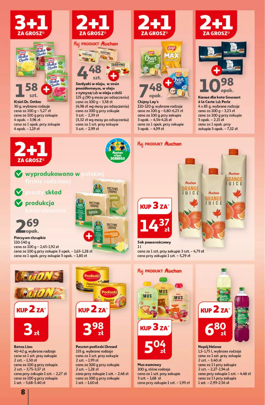 Gazetka promocyjna Auchan - Gazetka CENY W DÓŁ Hipermarket Auchan - ważna 20.06 do 26.06.2024 - strona 10 - produkty: Baton, Chipsy, Chrupki, Dr. Oetker, Kisiel, Lion, Mus, Napój, Olej, Pasztet, Piec, Pieczywo, Pieczywo chrupkie, Podlaski, Sardynki, Sok, Sok pomarańczowy