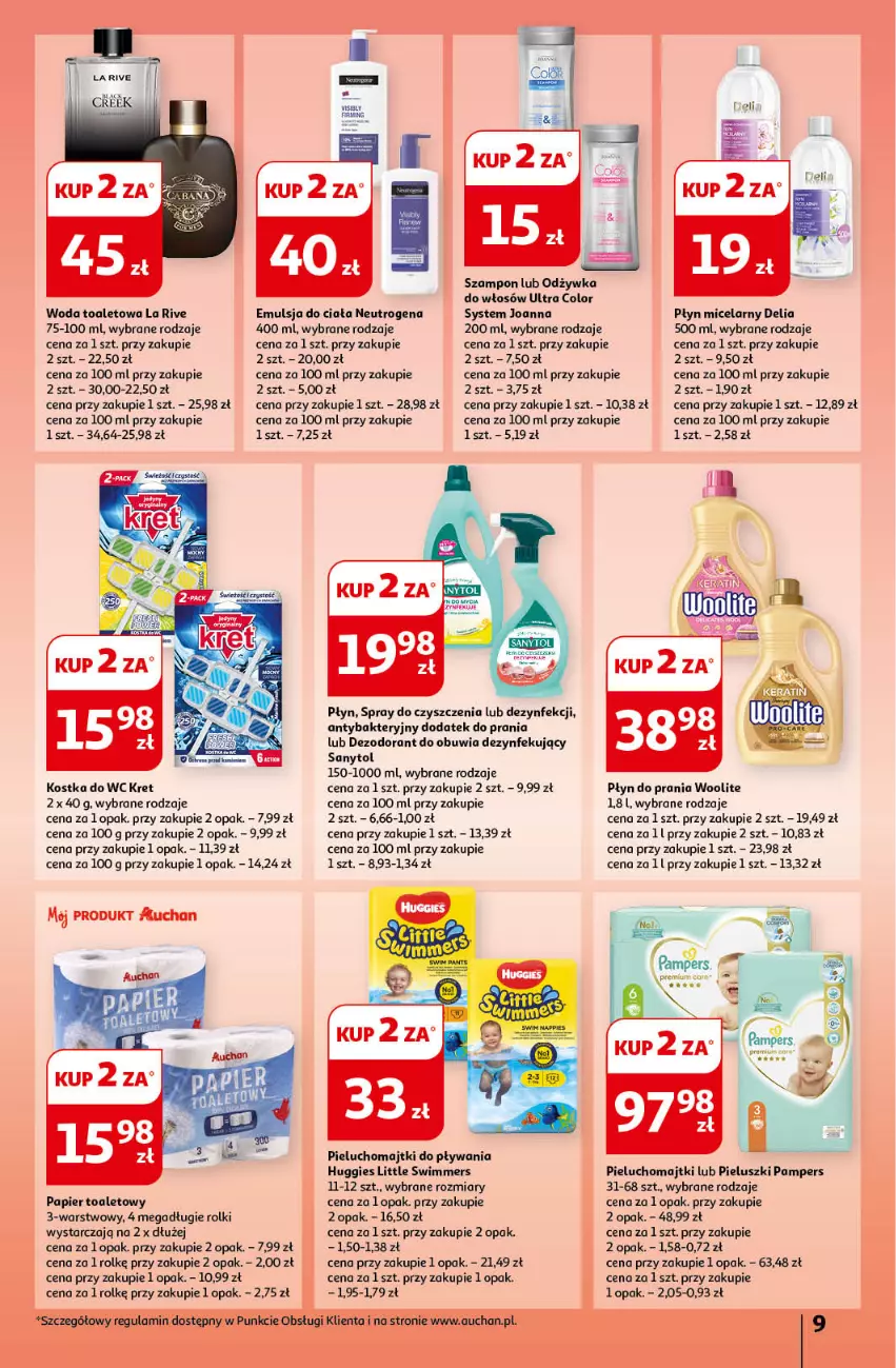 Gazetka promocyjna Auchan - Gazetka CENY W DÓŁ Hipermarket Auchan - ważna 20.06 do 26.06.2024 - strona 11 - produkty: Dezodorant, Emulsja, Huggies, Joanna, Kostka do wc, Kret, La Rive, Majtki, Neutrogena, Odżywka, Pampers, Papier, Papier toaletowy, Pieluchomajtki, Płyn do prania, Płyn micelarny, Rolki, Sanytol, Spray do czyszczenia, Szampon, Woda, Woda toaletowa, Woolite