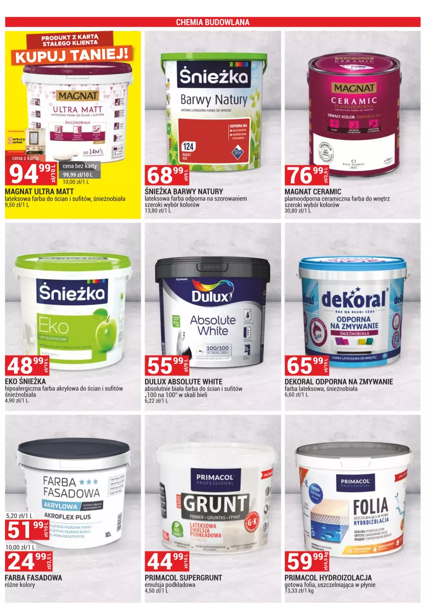 Gazetka promocyjna Merkury Market - Gazetka - ważna 01.03 do 31.03.2021 - strona 25 - produkty: Absolut, Dekoral, Dulux, Emulsja, Fa, Farba akrylowa, Farba do wnętrz, Farba lateksowa, Grunt, Hydroizolacja, LANA, Magnat Ceramic, Podkład, Por, Prima