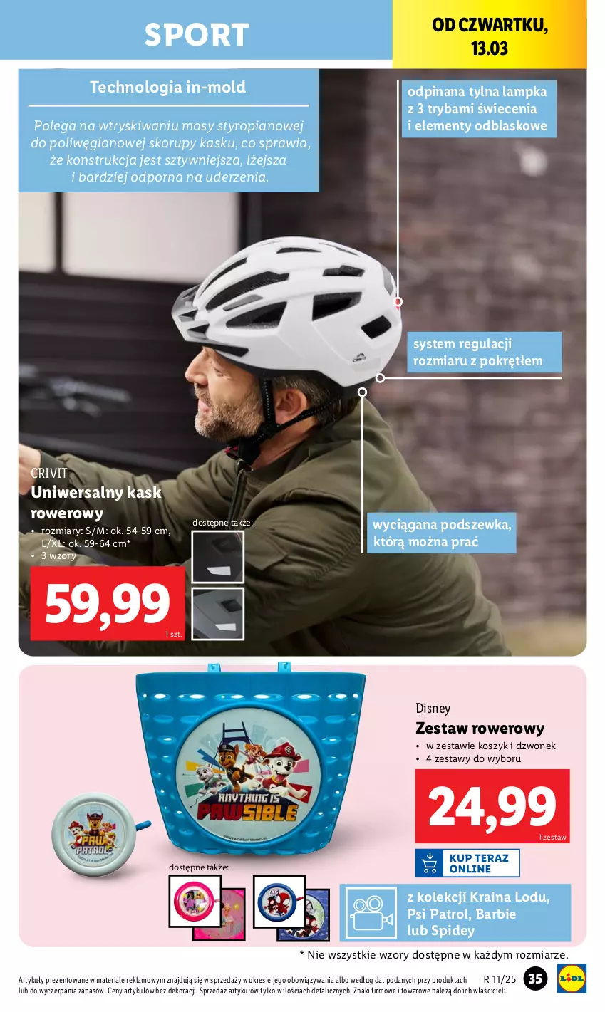 Gazetka promocyjna Lidl - GAZETKA - ważna 10.03 do 15.03.2025 - strona 35 - produkty: Barbie, Disney, Dzwonek, Kask, Kosz, Por, Psi Patrol, Rower, Ryba, Sport