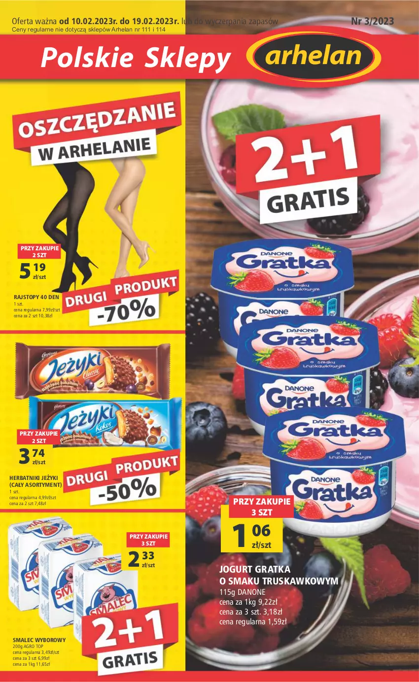 Gazetka promocyjna Arhelan - Gazetka - ważna 10.02 do 19.02.2023 - strona 1 - produkty: Danone, Gra, Herbatniki, Jeżyki, Jogurt, Rajstopy, Smalec, Top