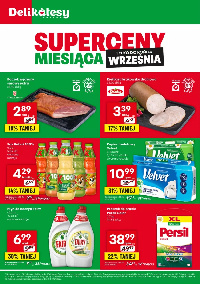 Gazetka promocyjna Delikatesy Centrum - Ulotka Superceny Miesiąca Wrzesień DC36-DC37-DC38-DC39 - ważna 01.09 do 30.09.2025 - strona 1 - produkty: Fa, Fairy, Kiełbasa, Kiełbasa krakowska, Kubuś, Papier, Papier toaletowy, Proszek do prania, Rum, Sok
