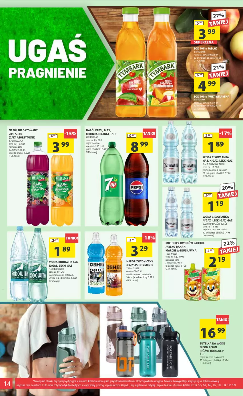 Gazetka promocyjna Arhelan - Gazetka - ważna 09.02 do 18.02.2024 - strona 14 - produkty: 7up, Cisowianka, Hellena, Kubuś, Mirinda, Mus, Napój, Napój izotoniczny, Napój niegazowany, Oshee, Pepsi, Rum, Sok, Tymbark, Woda