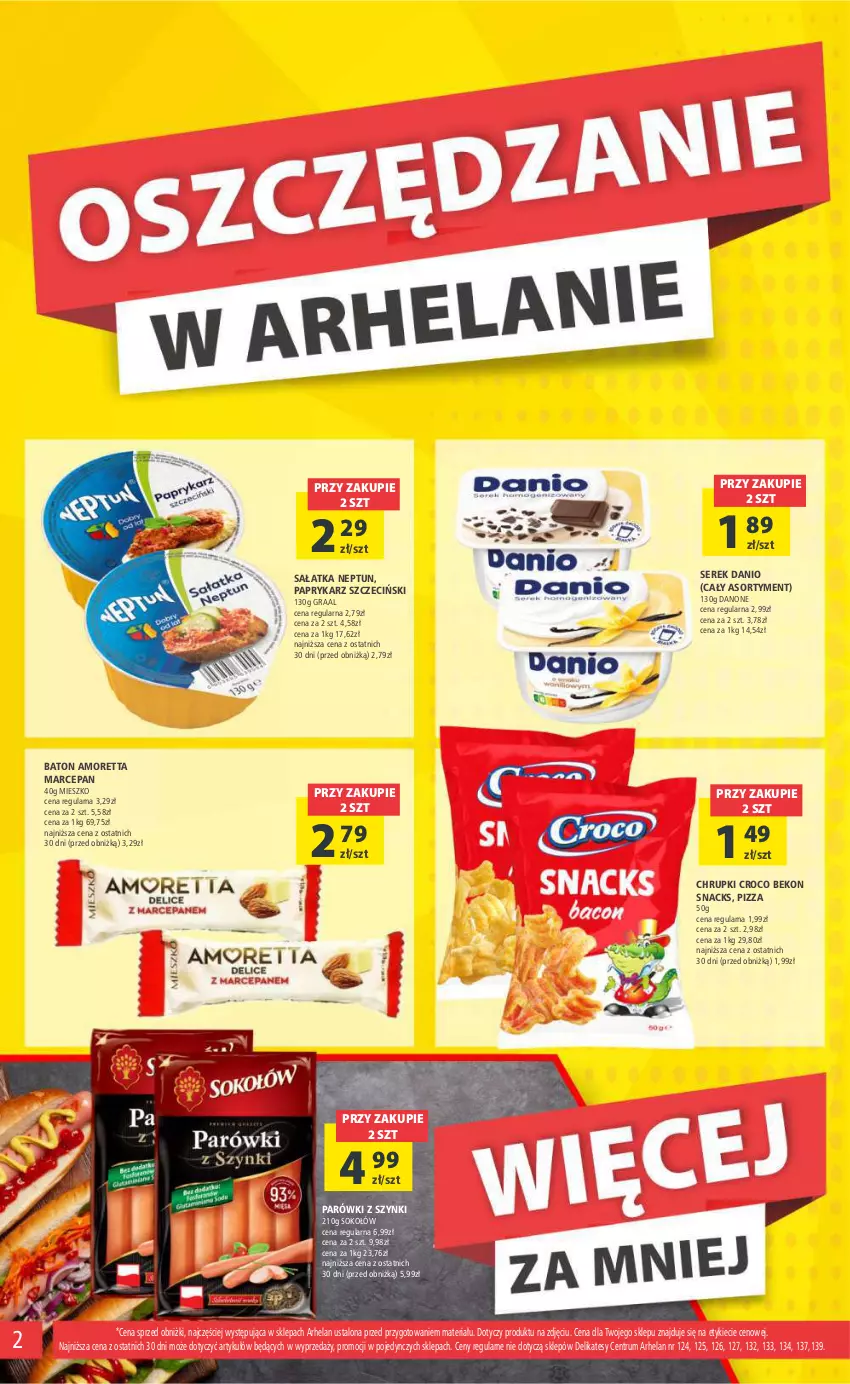 Gazetka promocyjna Arhelan - Gazetka - ważna 09.02 do 18.02.2024 - strona 2 - produkty: Baton, Beko, Chrupki, Danio, Danone, Gra, Graal, Papryka, Paprykarz, Paprykarz szczeciński, Parówki, Parówki z szynki, Pizza, Rum, Sałat, Sałatka, Ser, Serek, Sok, Sokołów