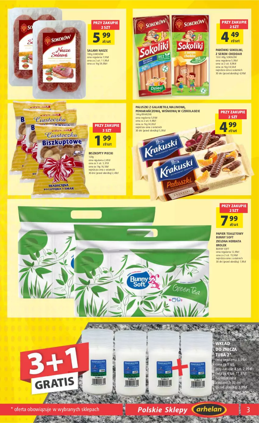 Gazetka promocyjna Arhelan - Gazetka - ważna 09.02 do 18.02.2024 - strona 3 - produkty: Biszkopty, Cheddar, Gala, Herbata, Krakus, Krakuski, Papier, Papier toaletowy, Parówki, Parówki sokoliki, Piec, Salami, Ser, Sok, Sokołów, Znicz