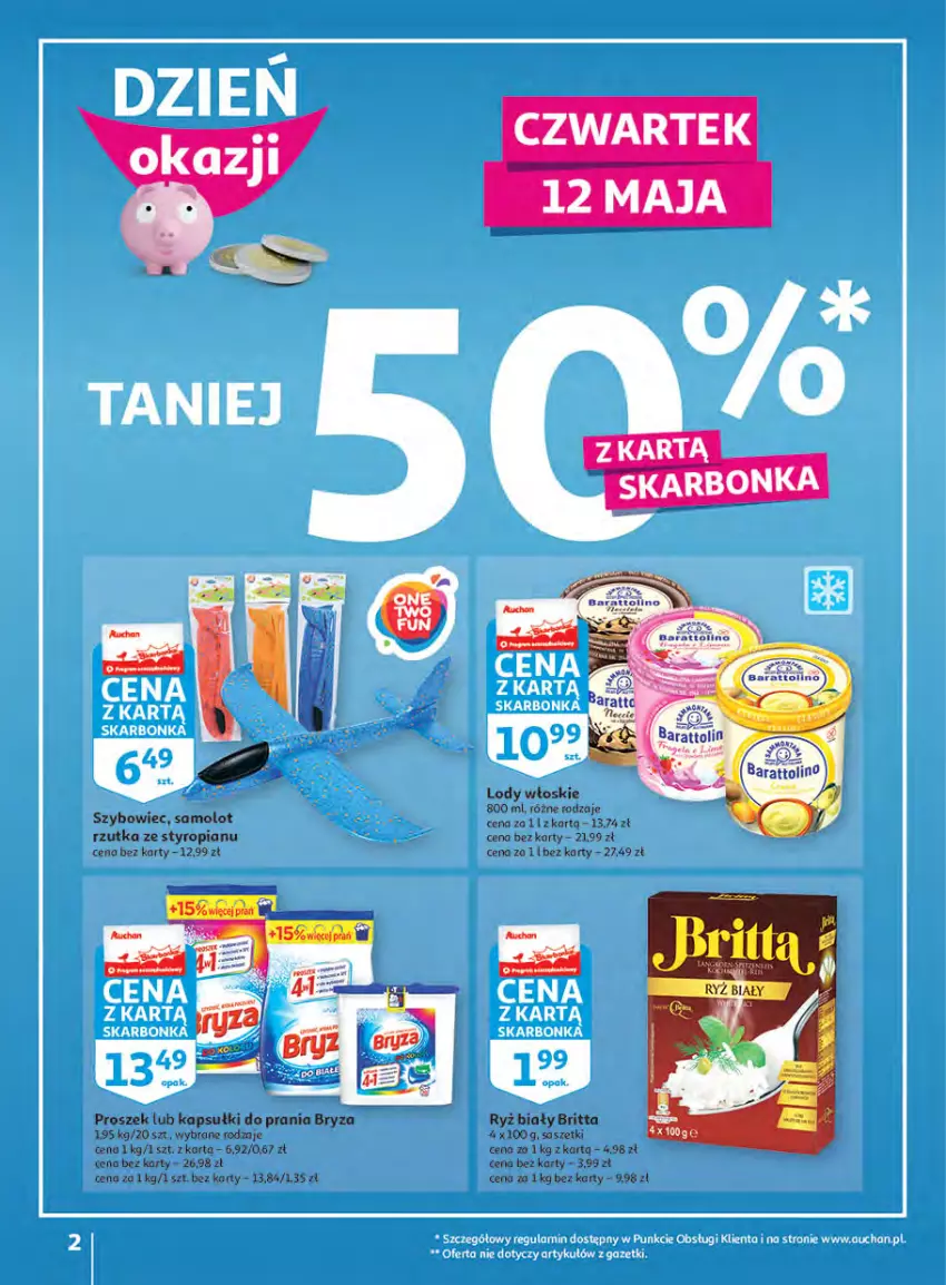 Gazetka promocyjna Auchan - Megapromocje są w cenie Hipermarkety - ważna 12.05 do 18.05.2022 - strona 2 - produkty: Amol, Brit, Bryza, Kapsułki do prania, Lody, Ryż, Ryż biały, Samolot