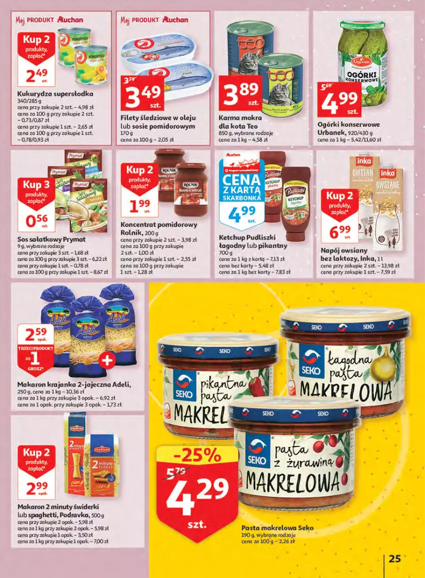 Gazetka promocyjna Auchan - Megapromocje są w cenie Hipermarkety - ważna 12.05 do 18.05.2022 - strona 25 - produkty: Inka, Ketchup, Koncentrat pomidorowy, Kukurydza, Makaron, Napój, Nuty, Ogórki konserwowe, Olej, Podravka, Prymat, Pudliszki, Rolnik, Sałat, SEKO, Ser, Sos, Spaghetti