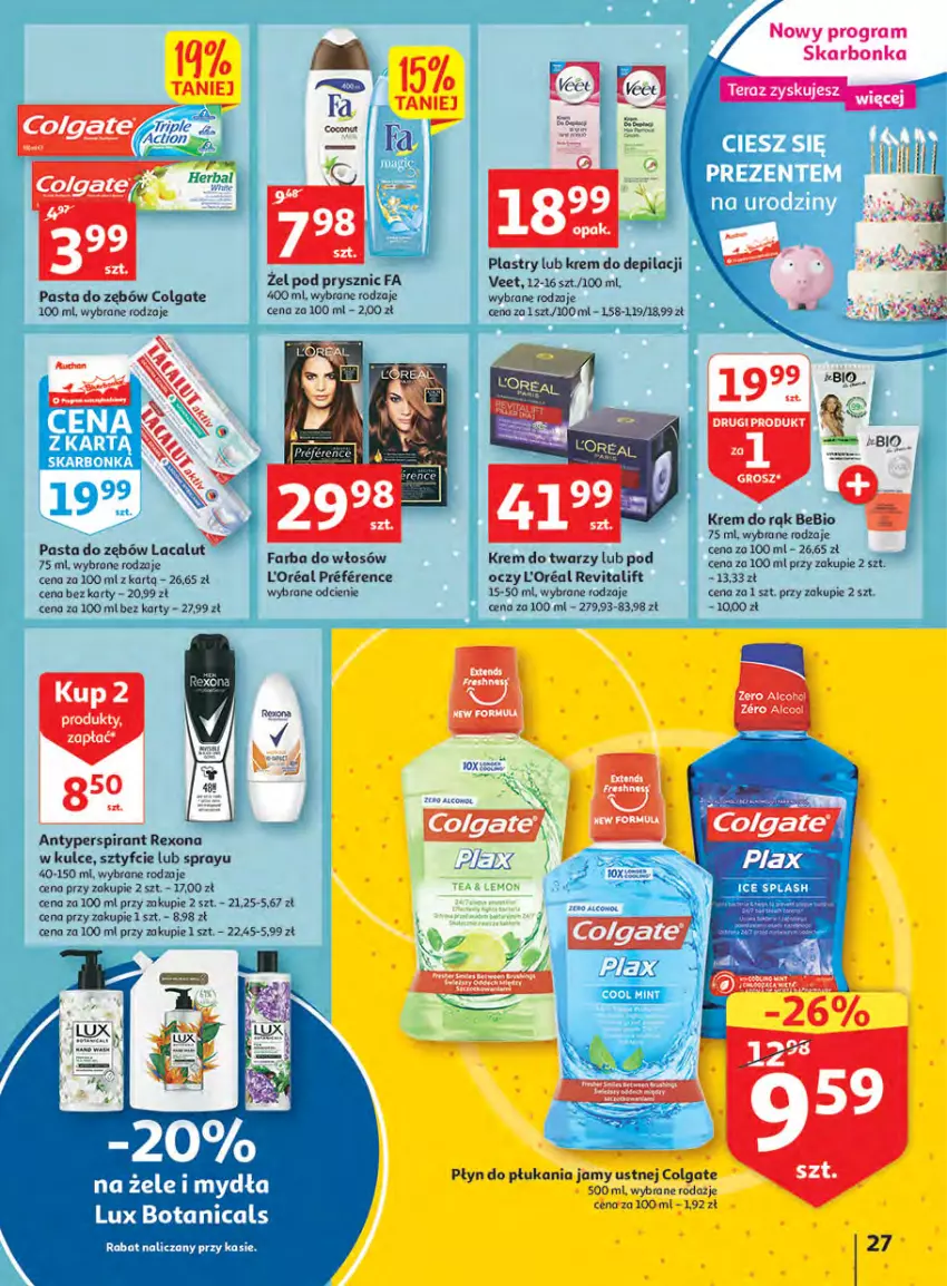 Gazetka promocyjna Auchan - Megapromocje są w cenie Hipermarkety - ważna 12.05 do 18.05.2022 - strona 27 - produkty: Antyperspirant, Colgate, Fa, Farba do włosów, Gra, Krem do depilacji, Krem do rąk, Krem do twarzy, Lacalut, LG, Pasta do zębów, Płyn do płukania, Płyn do płukania jamy ustnej, Rexona, Veet