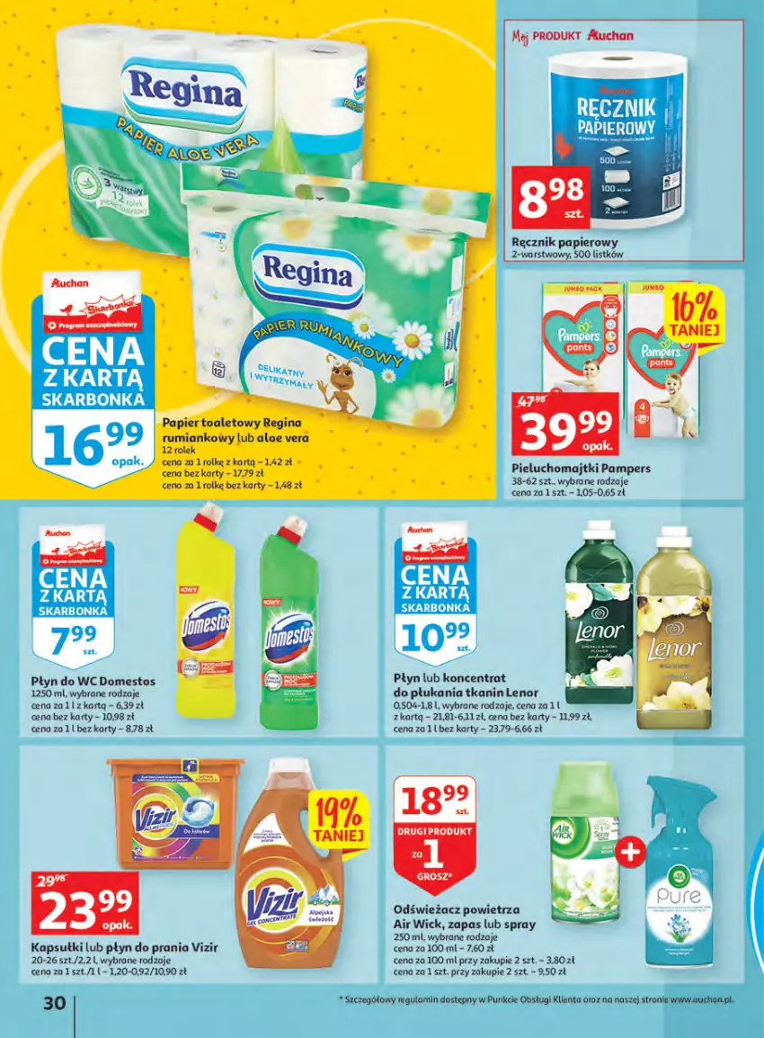 Gazetka promocyjna Auchan - Megapromocje są w cenie Hipermarkety - ważna 12.05 do 18.05.2022 - strona 30 - produkty: Air Wick, Aloe vera, Domestos, Fa, Gin, Lenor, Majtki, Odświeżacz powietrza, Pampers, Papier, Pieluchomajtki, Płyn do prania, Płyn do wc, Ręcznik, Rum, Vizir