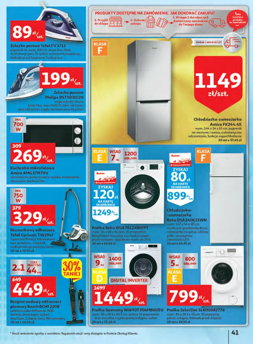 Gazetka promocyjna Auchan - Megapromocje są w cenie Hipermarkety - ważna 12.05 do 18.05.2022 - strona 41 - produkty: Amica, Beko, Bosch, Chłodziarka, Clin, Drzwi, Fa, Gra, K2, Kosz, Kuchenka mikrofalowa, Odkurzacz, Orka, Owoce, Philips, Pojemnik, Pralka, Samsung, Tarka, Tefal, Teleskop, Top, Warzywa, Warzywa i owoce, Wełna, Zamrażarka