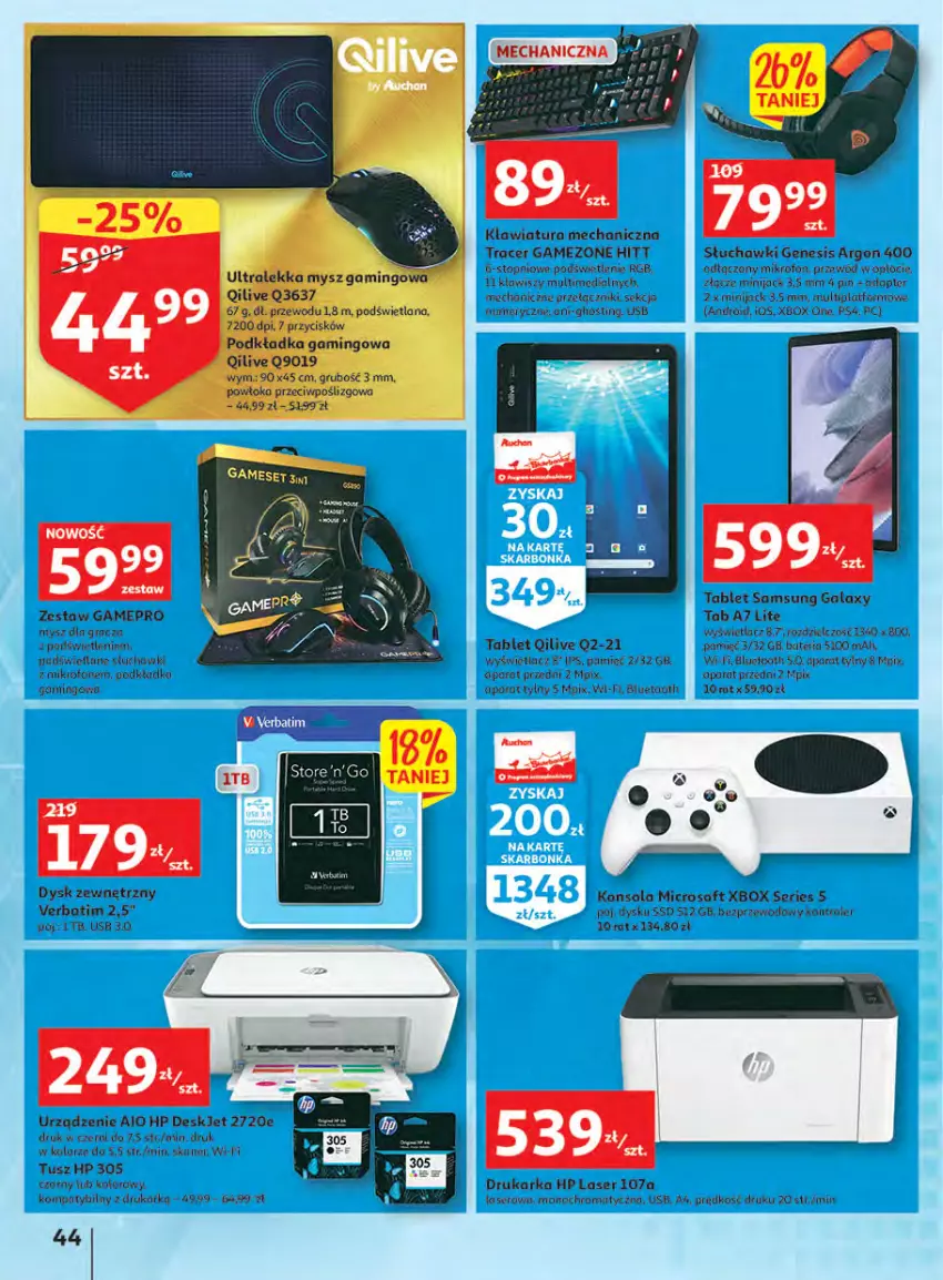 Gazetka promocyjna Auchan - Megapromocje są w cenie Hipermarkety - ważna 12.05 do 18.05.2022 - strona 44 - produkty: Acer, Bateria, Drukarka, Gala, Gra, HP, Klawiatura, Konsola, Kontroler, LANA, Mikrofon, Mysz, Podkład, Podkładka, Podkładka gamingowa, Por, Przewód, Samsung, Ser, Słuchawki, Tablet, Top, Tusz, Xbox