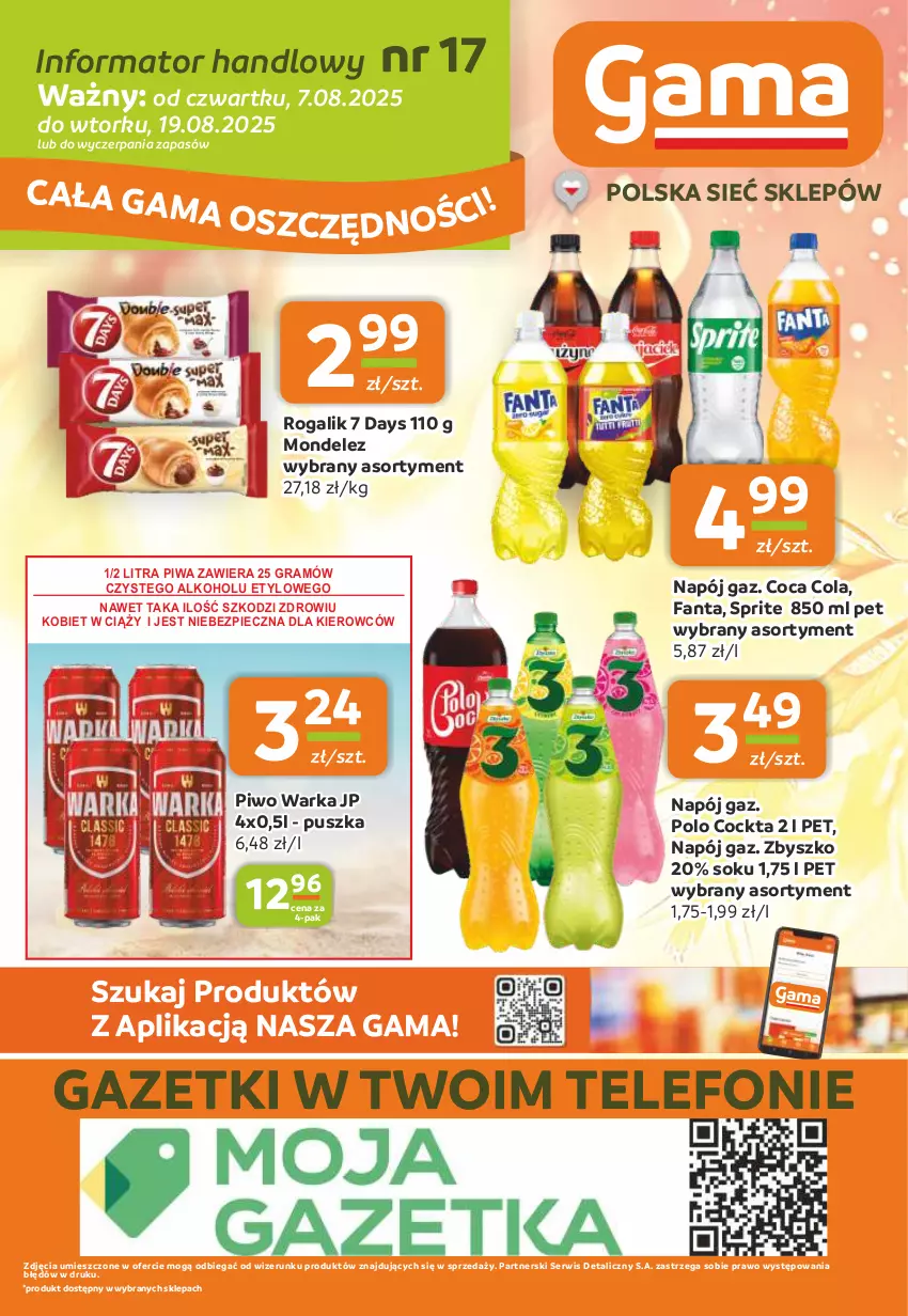 Gazetka promocyjna Gama - Gazetka Gama - ważna 07.08 do 19.08.2025 - strona 12 - produkty: 7 Days, Fa, Fanta, Gra, Napój, Piec, Piwa, Piwo, Rogal, Ser, Sok, Sprite, Telefon, Warka