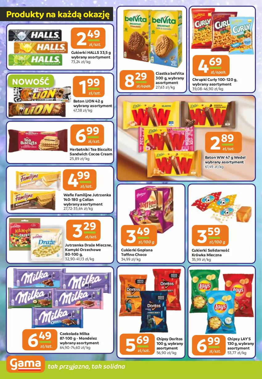 Gazetka promocyjna Gama - Gazetka Gama - ważna 07.08 do 19.08.2025 - strona 4 - produkty: Baton, BelVita, Chipsy, Chrupki, Ciastka, Cukier, Cukierki, Czekolada, Fa, Goplana, Halls, Herbatniki, Jutrzenka, LANA, Lion, Milka