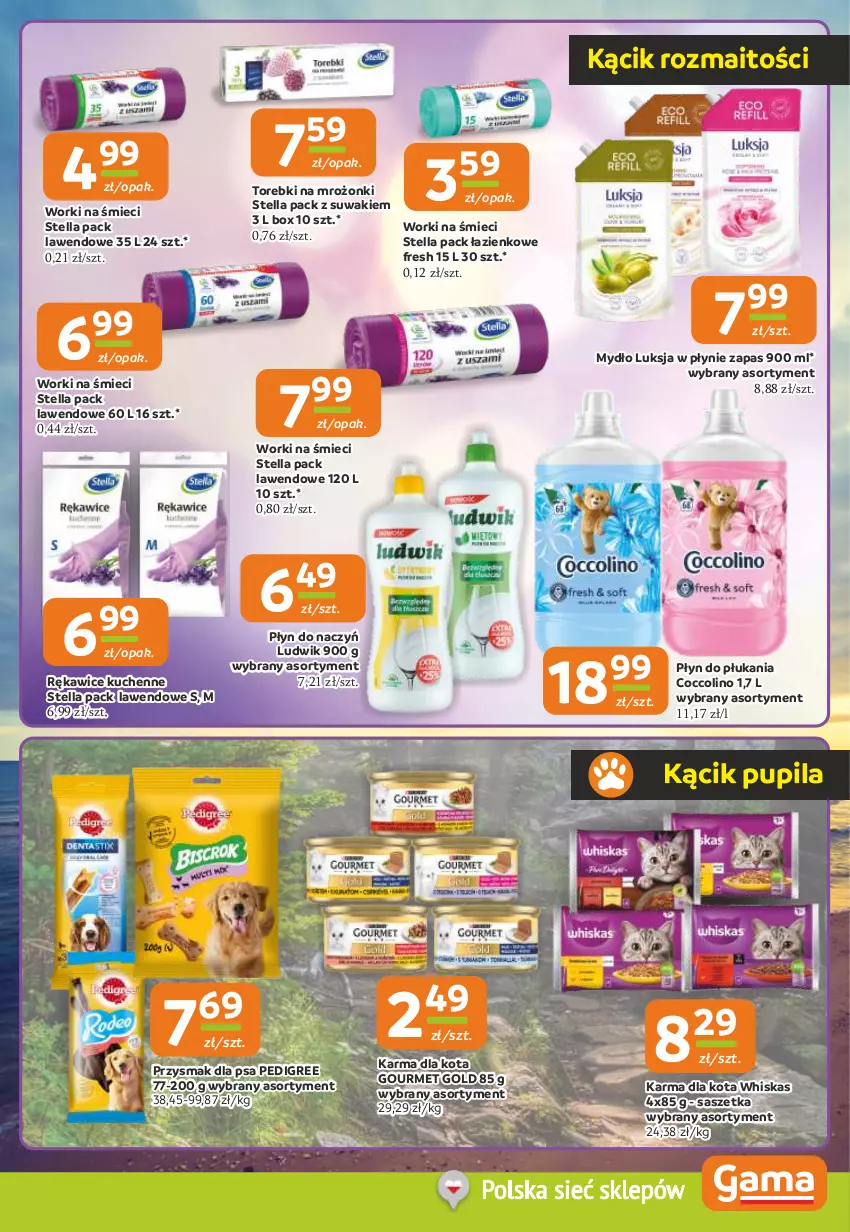 Gazetka promocyjna Gama - Gazetka Gama - ważna 07.08 do 19.08.2025 - strona 9 - produkty: Coccolino, Gourmet Gold, Ludwik, Luksja, Mydło, Pedigree, Płyn do płukania, Przysmak dla psa, Rękawice, Whiskas, Worki na śmiec, Worki na śmieci