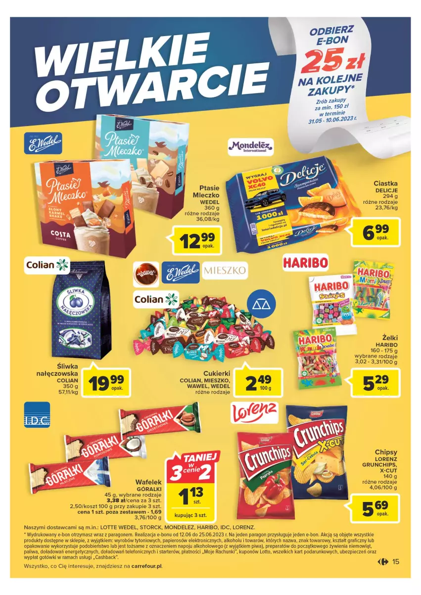 Gazetka promocyjna Carrefour - Gazetka Wielki otwarcie Carrefour Plac Unii - ważna 31.05 do 05.06.2023 - strona 15 - produkty: Chipsy, Ciastka, Cukier, Cukierki, Delicje, Góralki, Gra, Haribo, Kosz, Lorenz, Mleczko, Olej, Papier, Piec, Piwa, Rama, Telefon, Wafelek, Wawel