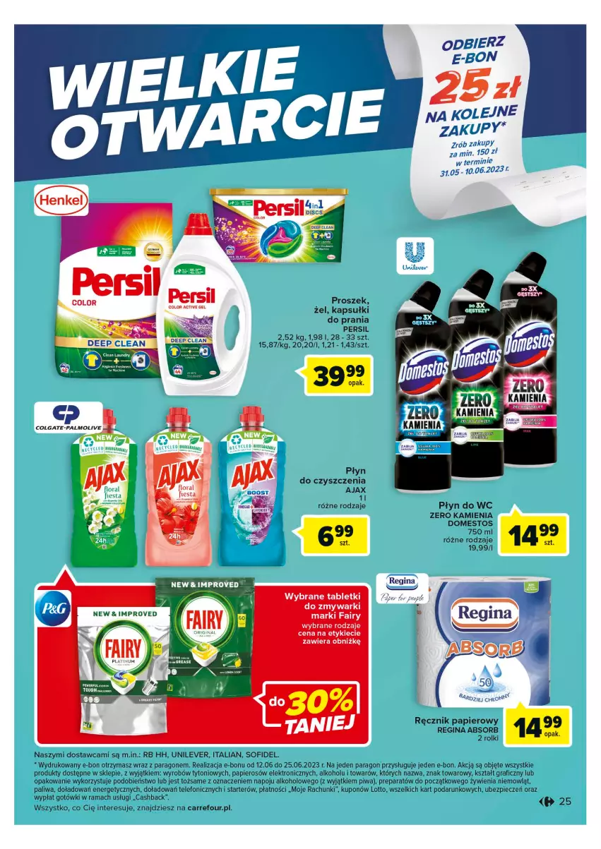 Gazetka promocyjna Carrefour - Gazetka Wielki otwarcie Carrefour Plac Unii - ważna 31.05 do 05.06.2023 - strona 25 - produkty: Ajax, Domestos, Fa, Fairy, Flora, Gin, Gra, Kapsułki do prania, Papier, Persil, Piec, Piwa, Płyn do wc, Rama, Ręcznik, Rolki, Tablet, Telefon, Zmywarki