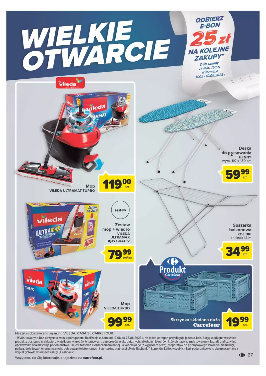 Gazetka promocyjna Carrefour - Gazetka Wielki otwarcie Carrefour Plac Unii - ważna 31.05 do 05.06.2023 - strona 27 - produkty: Ajax, Deska do prasowania, Gra, Mop, Olej, Papier, Piec, Piwa, Rama, Suszarka, Telefon, Vileda, Wiadro