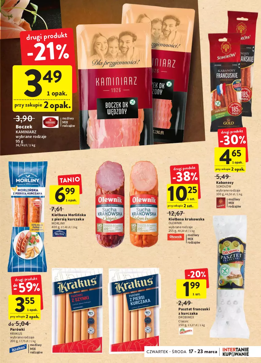 Gazetka promocyjna Intermarche - ważna 17.03 do 23.03.2022 - strona 15 - produkty: Boczek, Drobimex, Kabanos, Kiełbasa, Kiełbasa krakowska, Krakus, Kurczak, Morliny, Olewnik, Parówki, Pasztet, Sok, Sokołów