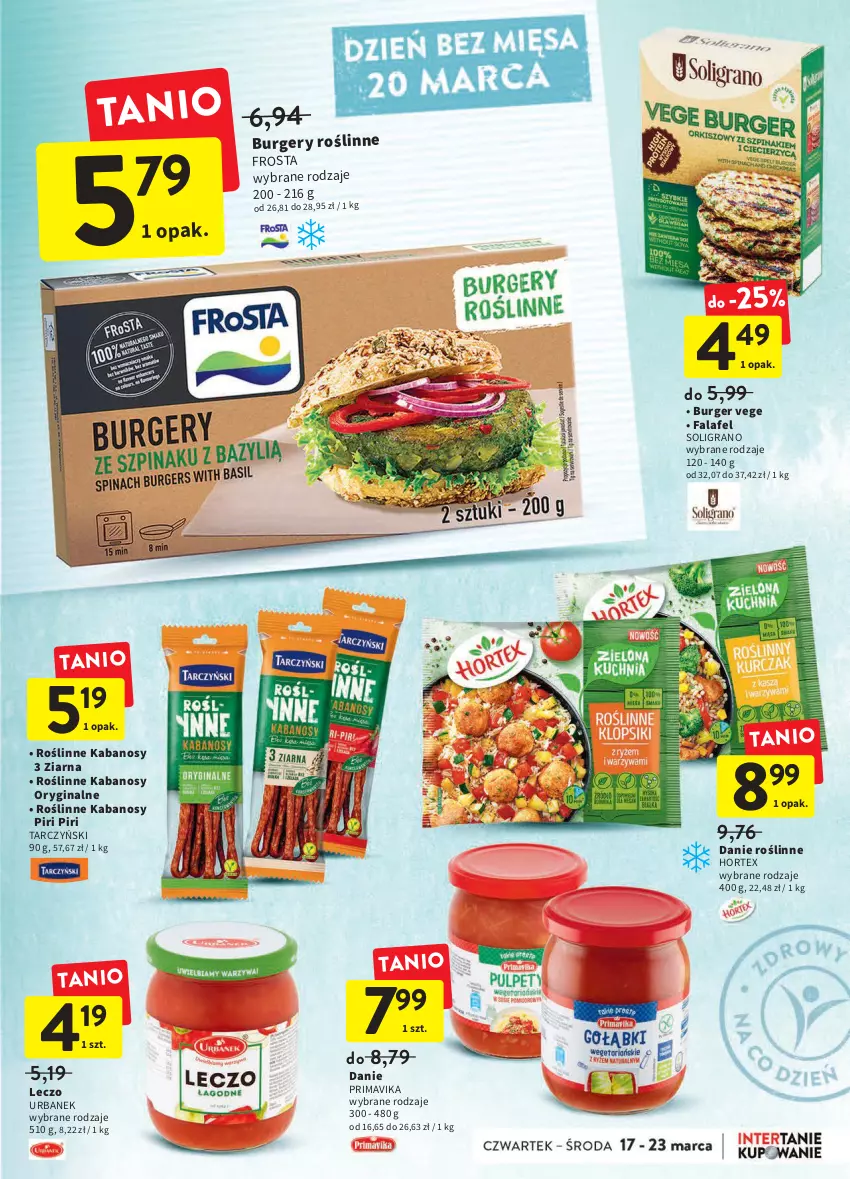 Gazetka promocyjna Intermarche - ważna 17.03 do 23.03.2022 - strona 21 - produkty: Burger, Fa, Frosta, Gin, Gra, Hortex, Kabanos, Prima, Primavika, Roślinne kabanosy, Soligrano, Tarczyński