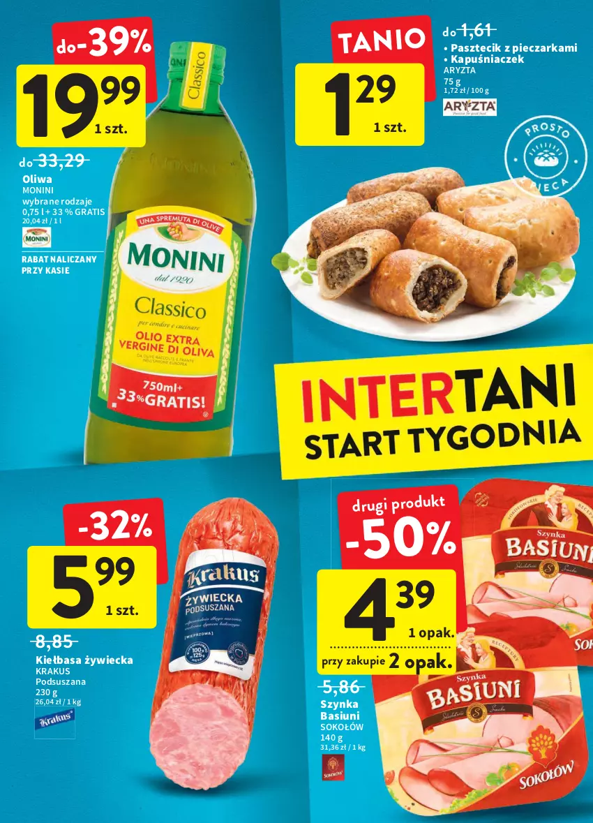 Gazetka promocyjna Intermarche - ważna 17.03 do 23.03.2022 - strona 38 - produkty: Gra, Kapuśniaczek, Kiełbasa, Krakus, Monini, Pasztecik z pieczarkami, Piec, Pieczarka, Sok, Sokołów, Szynka