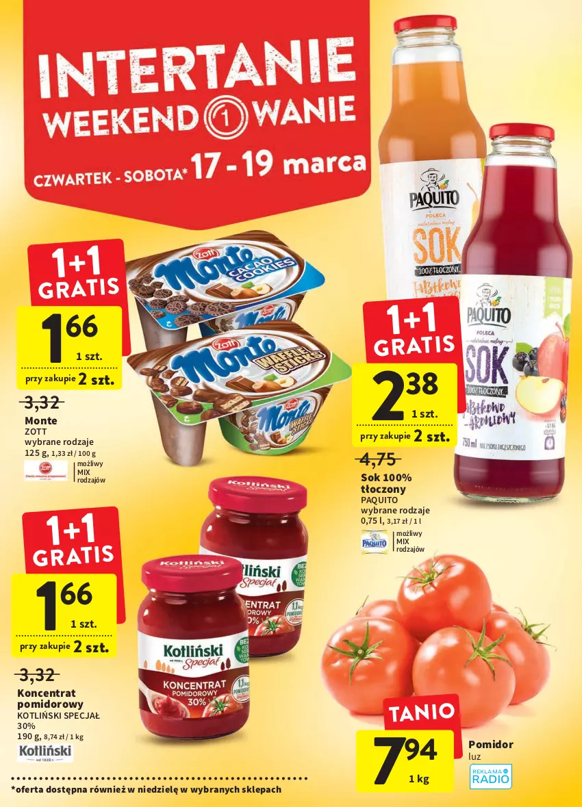 Gazetka promocyjna Intermarche - ważna 17.03 do 23.03.2022 - strona 6 - produkty: Koncentrat pomidorowy, Monte, Sok, Zott