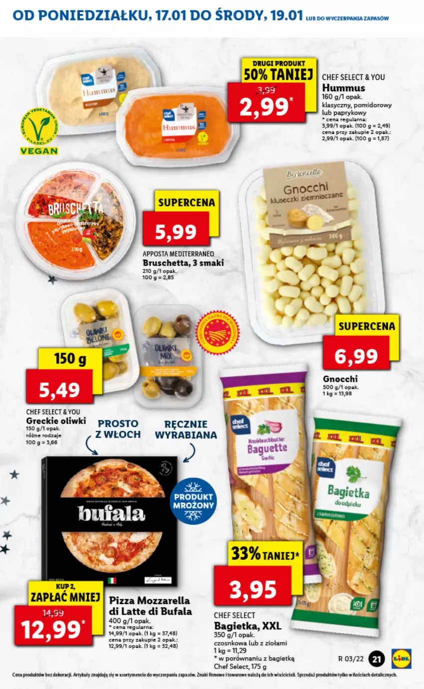 Gazetka promocyjna Lidl - GAZETKA - ważna 17.01 do 19.01.2022 - strona 21 - produkty: Fa, Gnocchi, Hummus, Mozzarella, Mus, Oliwki, Pizza, Por