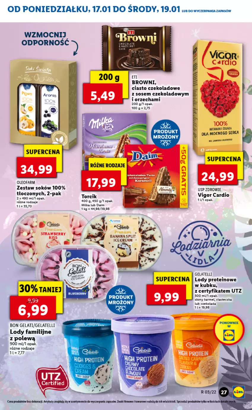 Gazetka promocyjna Lidl - GAZETKA - ważna 17.01 do 19.01.2022 - strona 27 - produkty: Ciasto czekoladowe, Czekolada, Fa, Lody, Milka, Oleo, Por, Ser, Sok, Sos